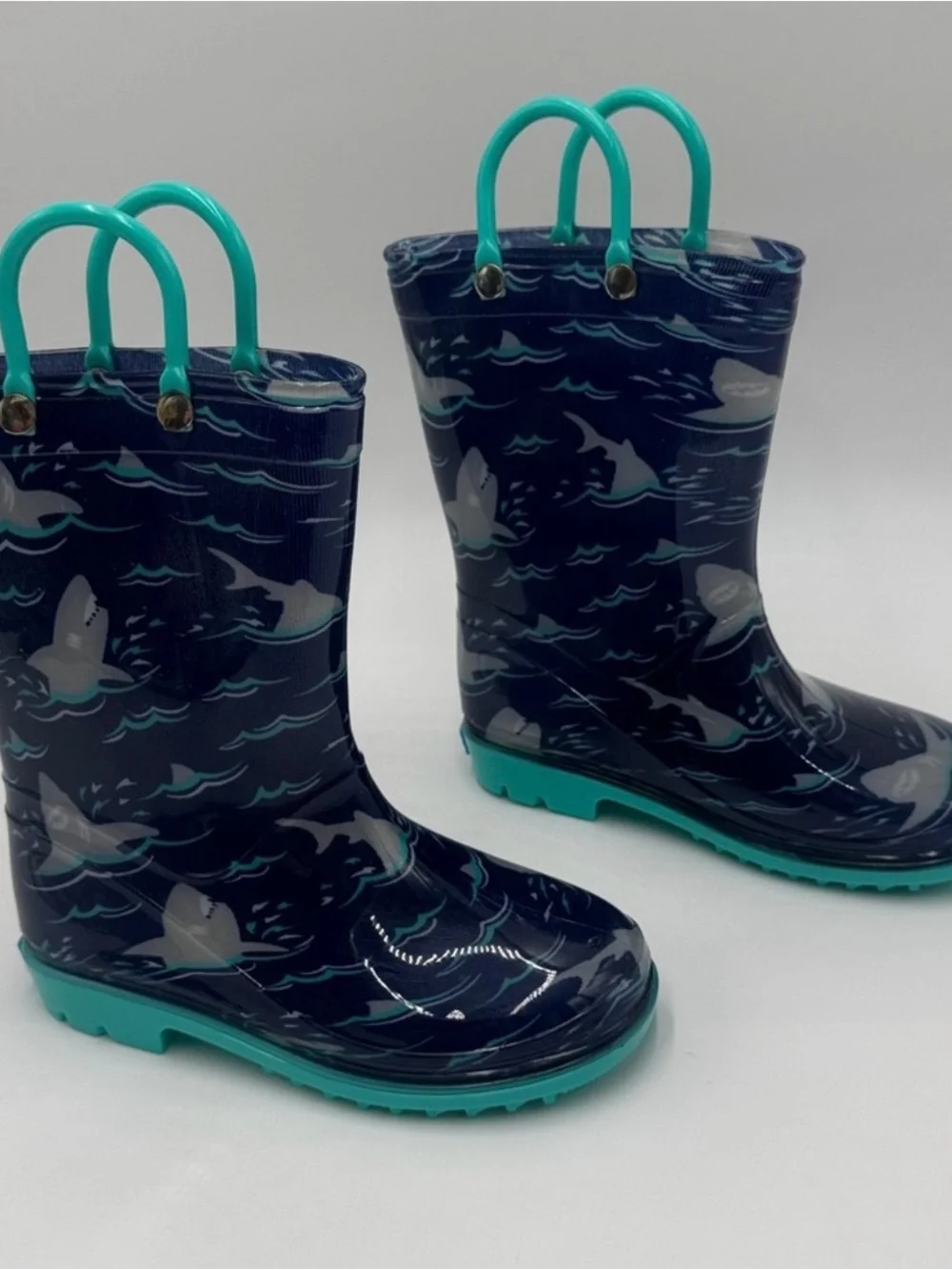 Kids Navy Shark Rain Boots with Teal Handles Size 10